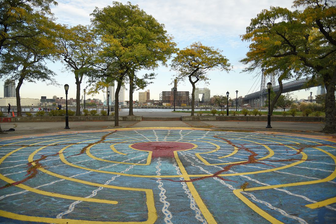 The East River Reflections Labyrinth, created by artist Diana Carulli in 2004, seen here in 2019.  This artwork, like the trees around it, will be destroyed to make way for a storm surge barrier.